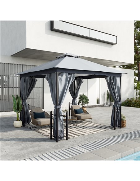 Outsunny 4x3.35m Metal Gazebo with 2 Tier Roof, Netting and Curtains, Grey - pic 19412 | FastDaddyshop