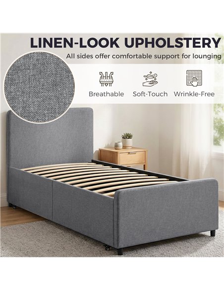 HOMCOM 3ft Single Bed Frame with Trundle, Upholstered Pull Out Trundle Bed with Headboard and Footboard, Dark Grey - pic 194120 | FastDaddyshop