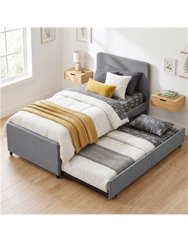HOMCOM 3ft Single Bed Frame with Trundle, Upholstered Pull Out Trundle Bed with Headboard and Footboard, Dark Grey