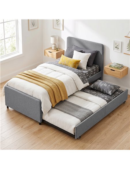 HOMCOM 3ft Single Bed Frame with Trundle, Upholstered Pull Out Trundle Bed with Headboard and Footboard, Dark Grey - pic 194122 | FastDaddyshop