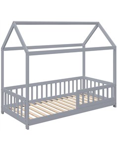 HOMCOM House-Shaped Kids Bed Frame with Guard Rails, Solid Pine Wood Single Bed Frame for Kids Boys and Girls, Grey