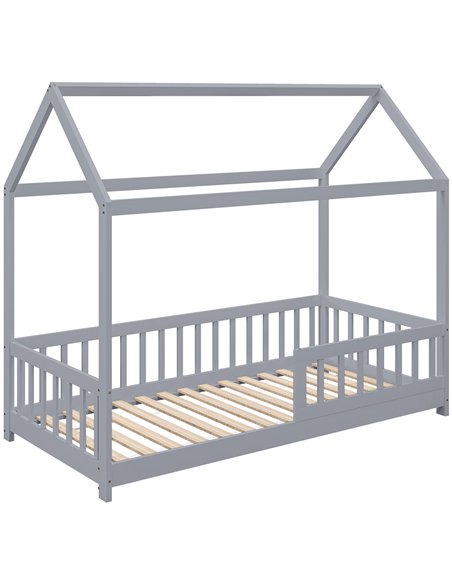 HOMCOM House-Shaped Kids Bed Frame with Guard Rails, Solid Pine Wood Single Bed Frame for Kids Boys and Girls, Grey - pic 194125 | FastDaddyshop