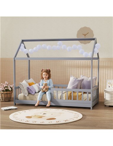 HOMCOM House-Shaped Kids Bed Frame with Guard Rails, Solid Pine Wood Single Bed Frame for Kids Boys and Girls, Grey