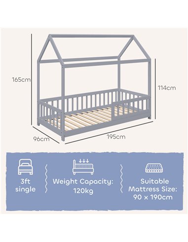 HOMCOM House-Shaped Kids Bed Frame with Guard Rails, Solid Pine Wood Single Bed Frame for Kids Boys and Girls, Grey