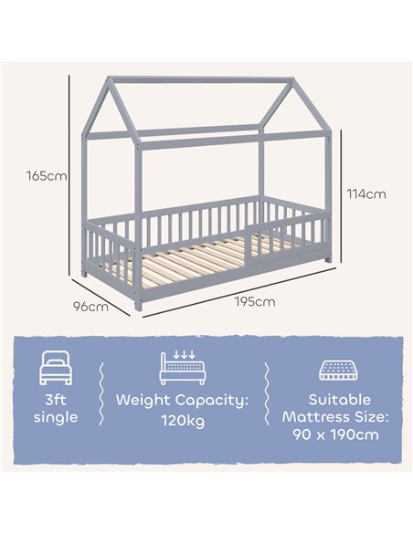 HOMCOM House-Shaped Kids Bed Frame with Guard Rails, Solid Pine Wood Single Bed Frame for Kids Boys and Girls, Grey - pic 194127 | FastDaddyshop
