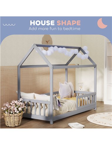 HOMCOM House-Shaped Kids Bed Frame with Guard Rails, Solid Pine Wood Single Bed Frame for Kids Boys and Girls, Grey