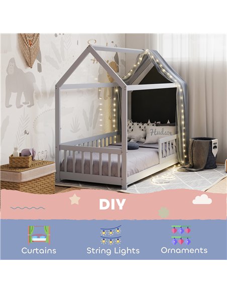 HOMCOM House-Shaped Kids Bed Frame with Guard Rails, Solid Pine Wood Single Bed Frame for Kids Boys and Girls, Grey - pic 194129 | FastDaddyshop