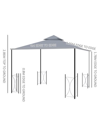 Outsunny 4x3.35m Metal Gazebo with 2 Tier Roof, Netting and Curtains, Grey