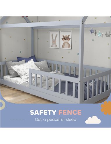 HOMCOM House-Shaped Kids Bed Frame with Guard Rails, Solid Pine Wood Single Bed Frame for Kids Boys and Girls, Grey