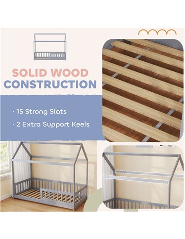 HOMCOM House-Shaped Kids Bed Frame with Guard Rails, Solid Pine Wood Single Bed Frame for Kids Boys and Girls, Grey
