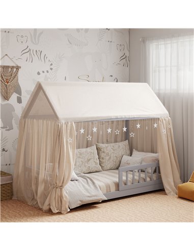 HOMCOM House-Shaped Kids Bed Frame with Guard Rails, Solid Pine Wood Single Bed Frame for Kids Boys and Girls, Grey