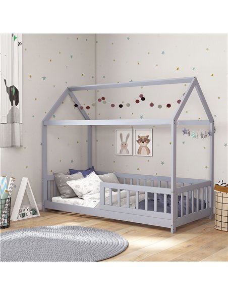 HOMCOM House-Shaped Kids Bed Frame with Guard Rails, Solid Pine Wood Single Bed Frame for Kids Boys and Girls, Grey - pic 194133 | FastDaddyshop