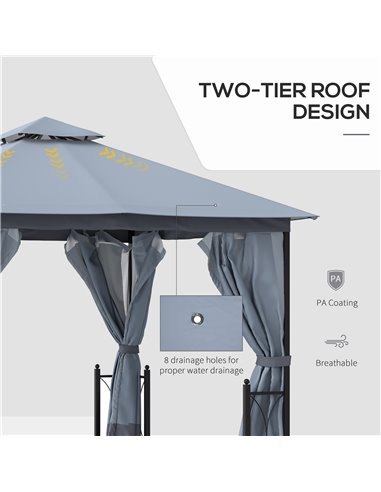 Outsunny 4x3.35m Metal Gazebo with 2 Tier Roof, Netting and Curtains, Grey