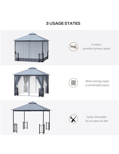Outsunny 4x3.35m Metal Gazebo with 2 Tier Roof, Netting and Curtains, Grey