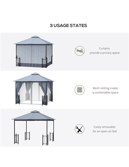 Outsunny 4x3.35m Metal Gazebo with 2 Tier Roof, Netting and Curtains, Grey - pic 19415 | FastDaddyshop