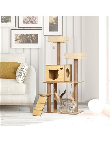 PawHut 130cm Cat Tree for Indoor Cats, Multi-Level Plush Cat Tower, with Five Scratching Posts, Two Perches, Cat House, Hammock