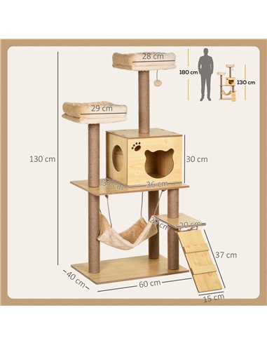 PawHut 130cm Cat Tree for Indoor Cats, Multi-Level Plush Cat Tower, with Five Scratching Posts, Two Perches, Cat House, Hammock