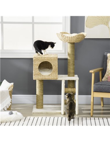 PawHut Cat Tree, with Scratching Posts, Bed, Cat House - Natural Finish