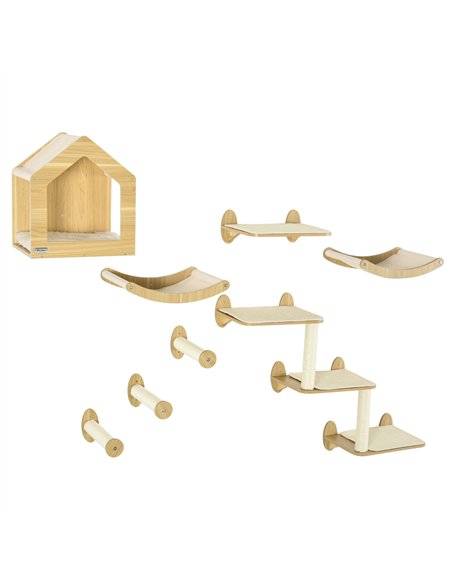 PawHut 8 Piece Cat Shelves Set, with Cat House, Three Perches, Three Scratching Posts - pic 194206 | FastDaddyshop