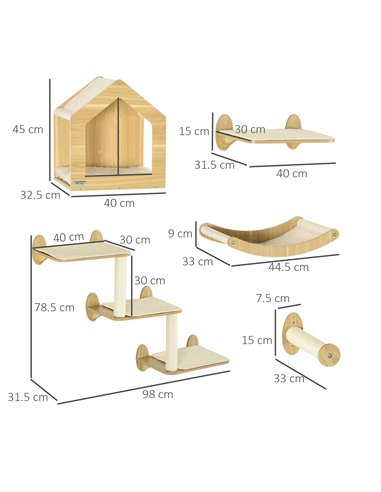 PawHut 8 Piece Cat Shelves Set, with Cat House, Three Perches, Three Scratching Posts