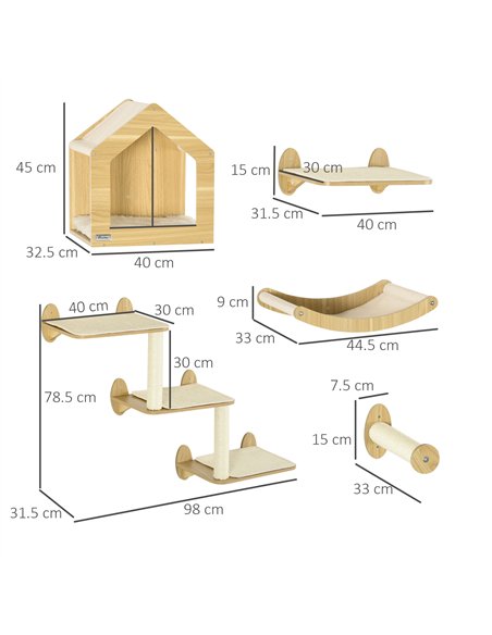 PawHut 8 Piece Cat Shelves Set, with Cat House, Three Perches, Three Scratching Posts - pic 194208 | FastDaddyshop