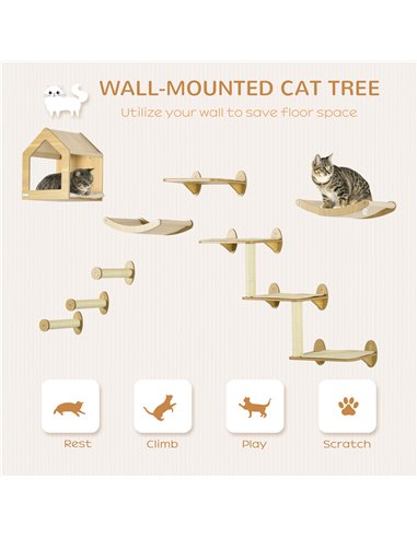 PawHut 8 Piece Cat Shelves Set, with Cat House, Three Perches, Three Scratching Posts
