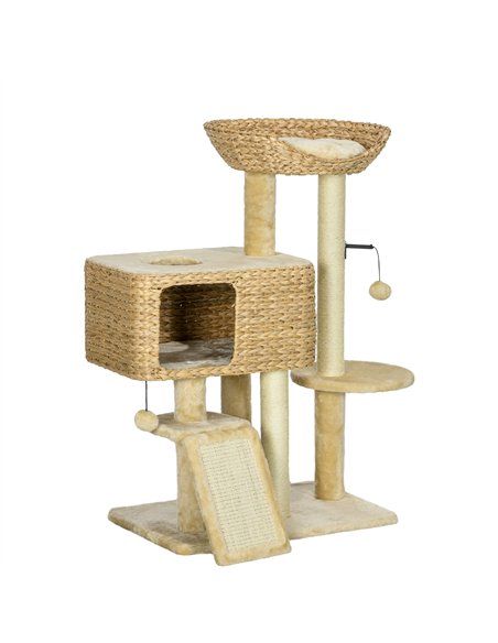 PawHut 95cm Cat Tree Tower for Indoor Cats, with Scratching Post, Cat House, Toy Ball, Platform - Beige - pic 194215 | FastDaddyshop