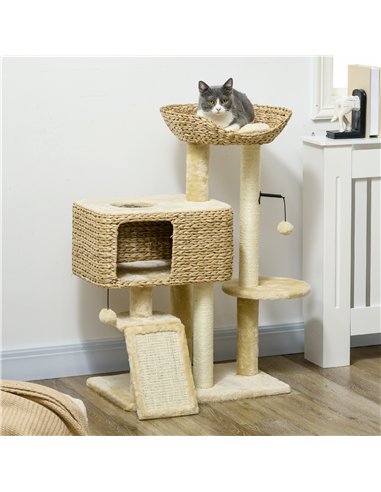PawHut 95cm Cat Tree Tower for Indoor Cats, with Scratching Post, Cat House, Toy Ball, Platform - Beige