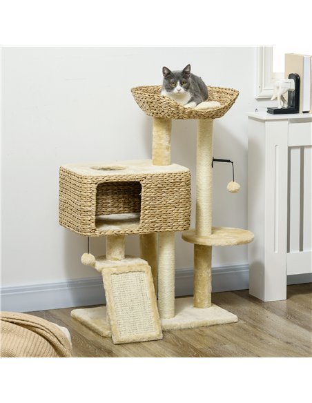 PawHut 95cm Cat Tree Tower for Indoor Cats, with Scratching Post, Cat House, Toy Ball, Platform - Beige - pic 194216 | FastDaddyshop