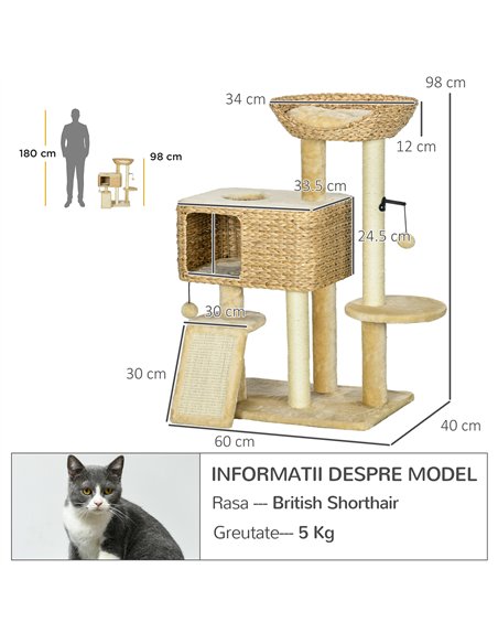 PawHut 95cm Cat Tree Tower for Indoor Cats, with Scratching Post, Cat House, Toy Ball, Platform - Beige - pic 194217 | FastDaddyshop