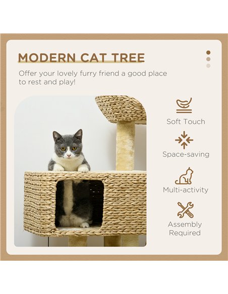 PawHut 95cm Cat Tree Tower for Indoor Cats, with Scratching Post, Cat House, Toy Ball, Platform - Beige - pic 194218 | FastDaddyshop