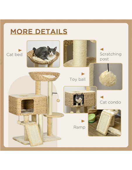 PawHut 95cm Cat Tree Tower for Indoor Cats, with Scratching Post, Cat House, Toy Ball, Platform - Beige - pic 194220 | FastDaddyshop