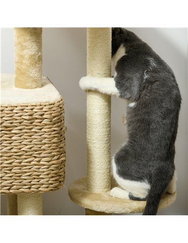 PawHut 95cm Cat Tree Tower for Indoor Cats, with Scratching Post, Cat House, Toy Ball, Platform - Beige