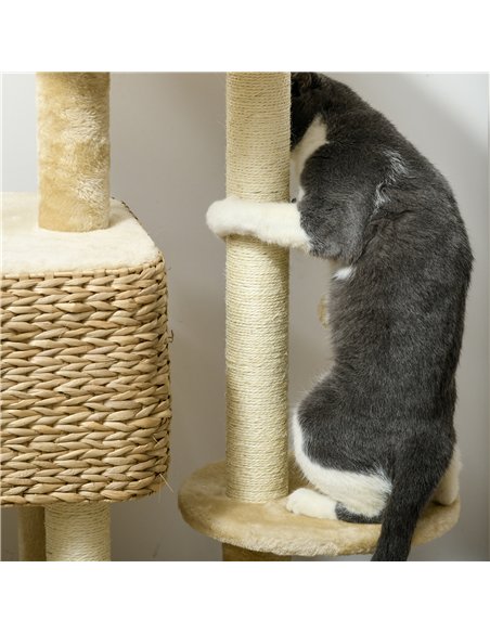 PawHut 95cm Cat Tree Tower for Indoor Cats, with Scratching Post, Cat House, Toy Ball, Platform - Beige - pic 194221 | FastDaddyshop