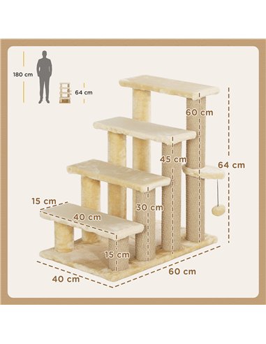 PawHut 4-step Pet Stairs with Scratching Posts, Platforms, Toy Ball, Beige