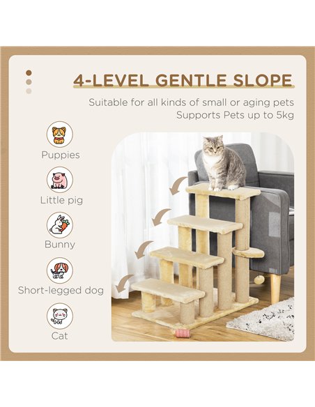 PawHut 4-step Pet Stairs with Scratching Posts, Platforms, Toy Ball, Beige - pic 194227 | FastDaddyshop