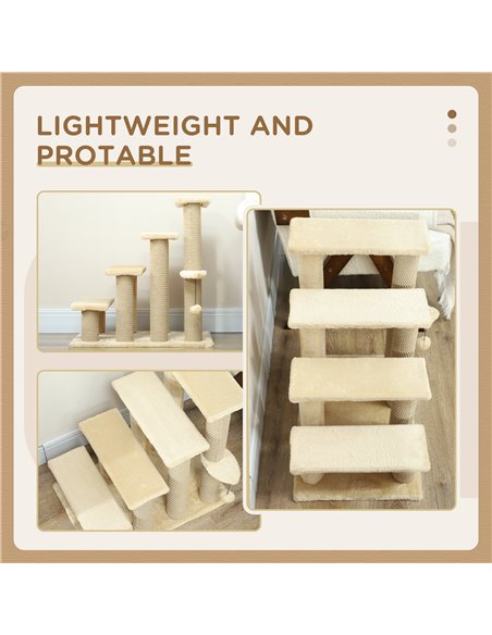 PawHut 4-step Pet Stairs with Scratching Posts, Platforms, Toy Ball, Beige - pic 194230 | FastDaddyshop