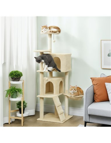 PawHut 160cm Large Cat Tree Tower with Sisal Scratching Posts, Condos, Plush Perches, Hammock, Ladder, Beige