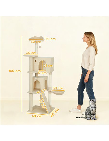 PawHut 160cm Large Cat Tree Tower with Sisal Scratching Posts, Condos, Plush Perches, Hammock, Ladder, Beige - pic 194235 | FastDaddyshop