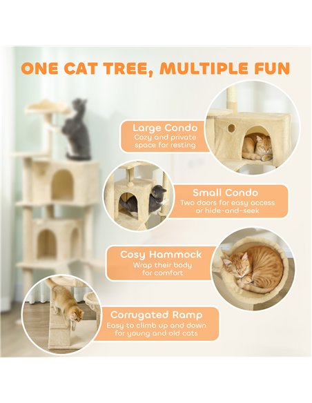 PawHut 160cm Large Cat Tree Tower with Sisal Scratching Posts, Condos, Plush Perches, Hammock, Ladder, Beige - pic 194236 | FastDaddyshop