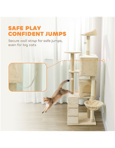 PawHut 160cm Large Cat Tree Tower with Sisal Scratching Posts, Condos, Plush Perches, Hammock, Ladder, Beige