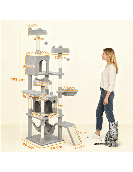 PawHut Cat Tree, 192 cm Large Multi-Level Cat Tower for Indoor Kittens with 8 Scratching Posts, 3 Plush Beds, 2 Hammocks - pic 194244 | FastDaddyshop