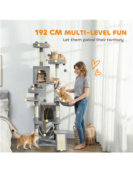 PawHut Cat Tree, 192 cm Large Multi-Level Cat Tower for Indoor Kittens with 8 Scratching Posts, 3 Plush Beds, 2 Hammocks - pic 194245 | FastDaddyshop