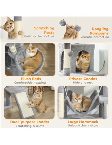 PawHut Cat Tree, 192 cm Large Multi-Level Cat Tower for Indoor Kittens with 8 Scratching Posts, 3 Plush Beds, 2 Hammocks