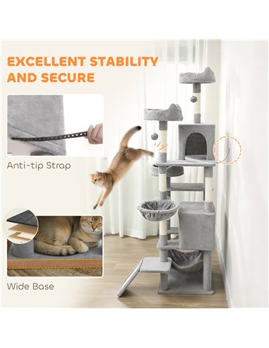 PawHut Cat Tree, 192 cm Large Multi-Level Cat Tower for Indoor Kittens with 8 Scratching Posts, 3 Plush Beds, 2 Hammocks