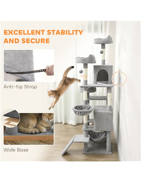 PawHut Cat Tree, 192 cm Large Multi-Level Cat Tower for Indoor Kittens with 8 Scratching Posts, 3 Plush Beds, 2 Hammocks - pic 194247 | FastDaddyshop