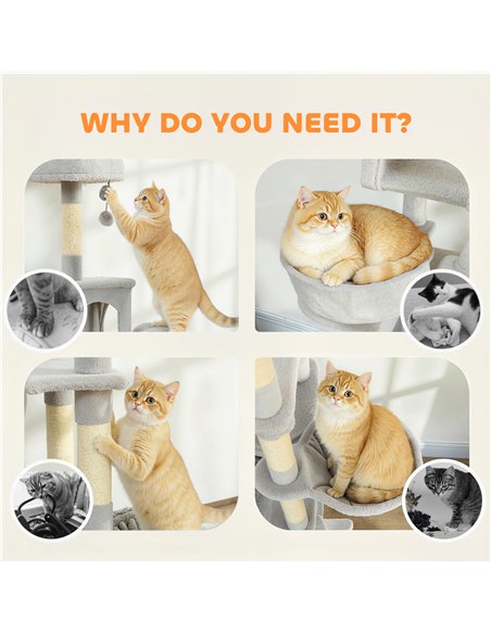 PawHut Cat Tree, 192 cm Large Multi-Level Cat Tower for Indoor Kittens with 8 Scratching Posts, 3 Plush Beds, 2 Hammocks - pic 194249 | FastDaddyshop