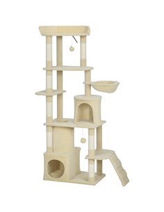 PawHut 170 cm Large Cat Tree, Cat Tower with 7 Scratching Posts, Tunnel, 2 Condos, Hammock, Perch, Ramp, Pompoms, Beige