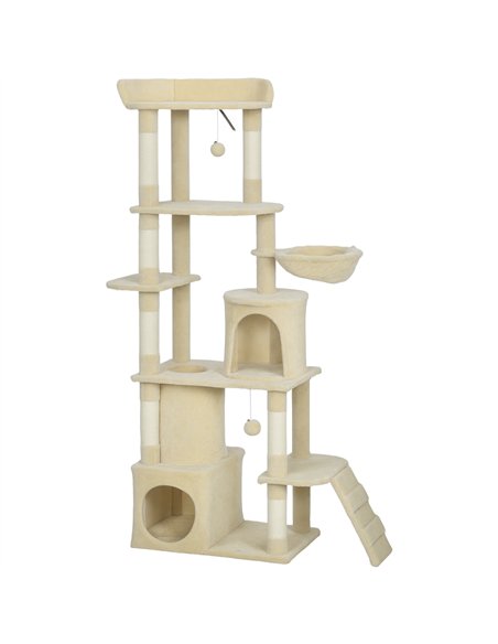 PawHut 170 cm Large Cat Tree, Cat Tower with 7 Scratching Posts, Tunnel, 2 Condos, Hammock, Perch, Ramp, Pompoms, Beige - pic 194251 | FastDaddyshop