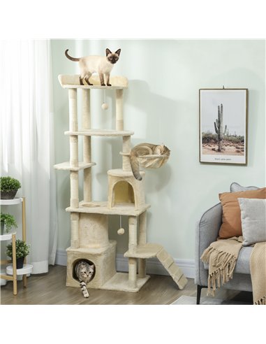 PawHut 170 cm Large Cat Tree, Cat Tower with 7 Scratching Posts, Tunnel, 2 Condos, Hammock, Perch, Ramp, Pompoms, Beige